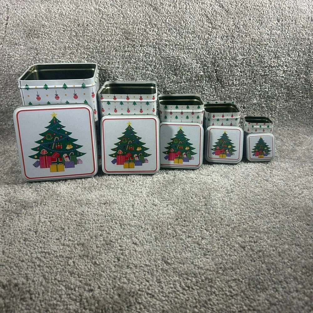 Nesting Christmas Tins White Green Red Holiday Storage Set‎ of 5